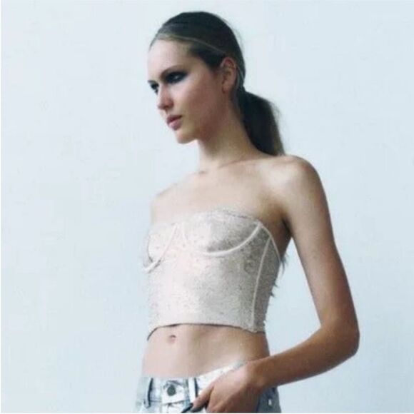 Zara Sequin Corset Bra Top in Champagne - Picture 3 of 11